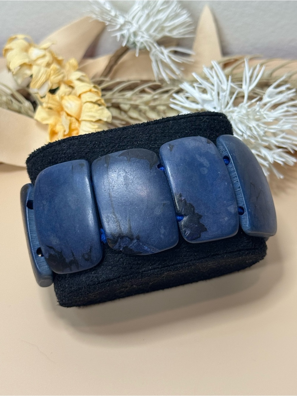 Vintage Blue Chunky Stretch Bracelet Wide Geometric Statement Jewelry